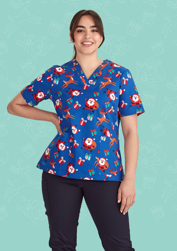 BIZ CARE Womens Christmas V-Neck Short Sleeve Scrub Top CST346LS