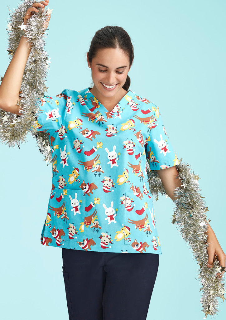 BIZ CARE Womens Christmas Short Sleeve V-neck Scrub (Cotton) CST446LS
