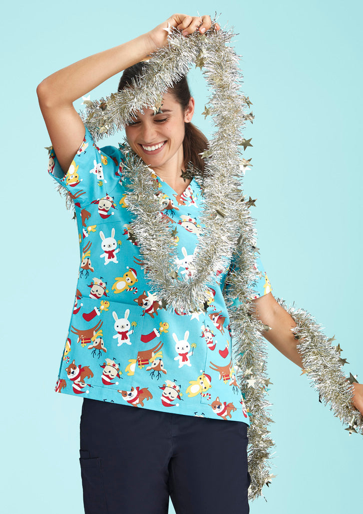 BIZ CARE Womens Christmas Short Sleeve V-neck Scrub (Cotton) CST446LS