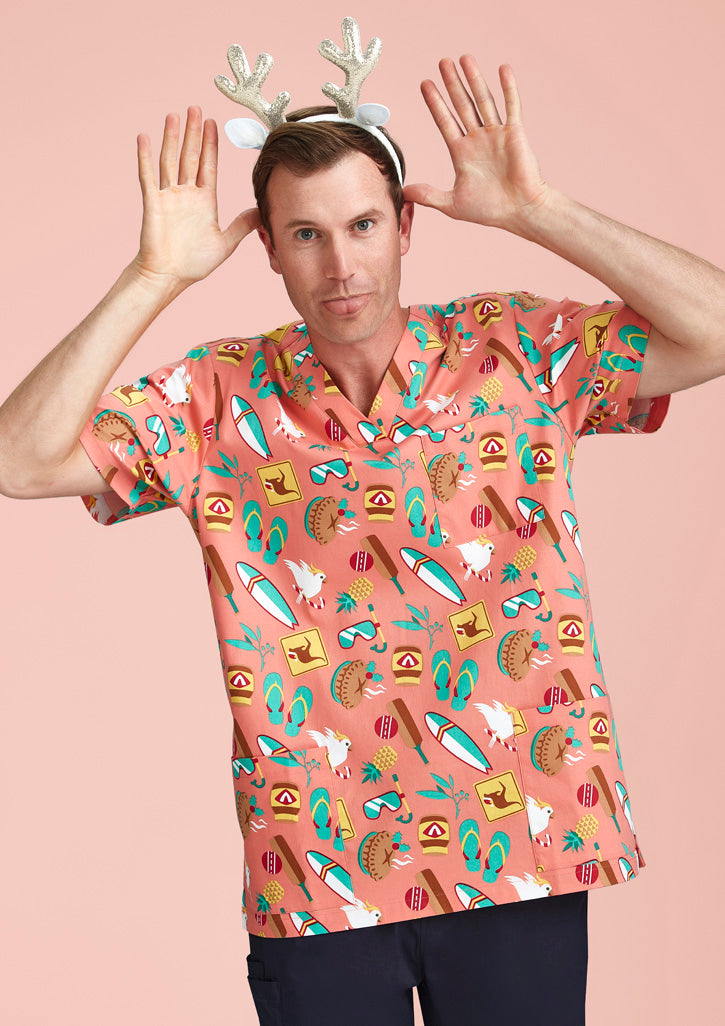 BIZ CARE Mens Christmas Short Sleeve V-neck Scrub CST446MS