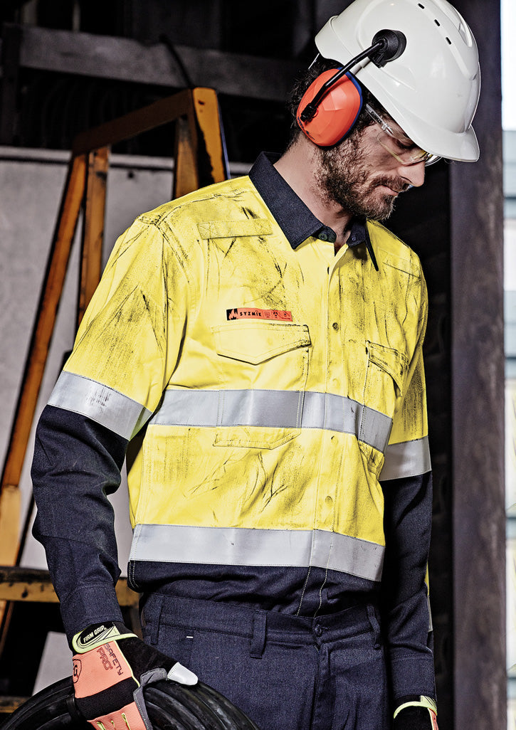 SYZMIK Mens Orange Flame Hi Vis Open Front Spliced Shirt - Hoop Taped ZW140