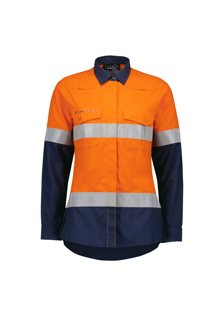 SYZMIK Womens Orange Flame Lightweight Ripstop Taped Shirt ZW170