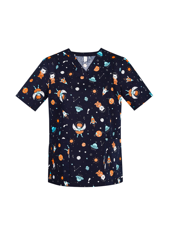 BIZ CARE Womens Printed Space Party Scrub Top CST148LS