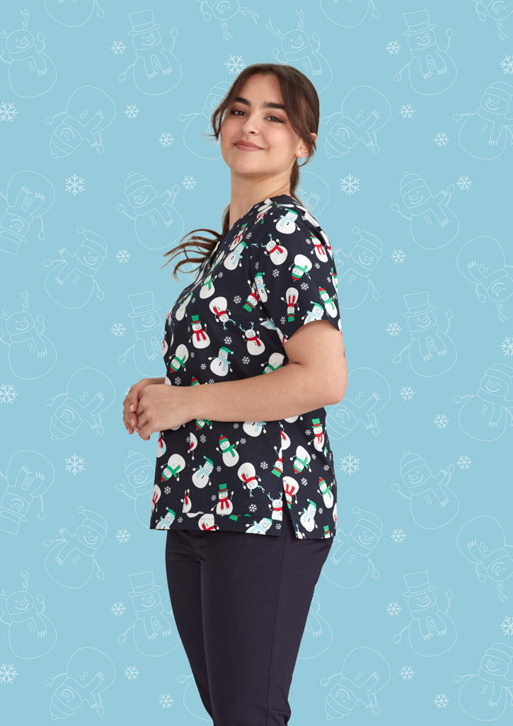 BIZ CARE Womens Christmas V-Neck Short Sleeve Scrub Top CST346LS
