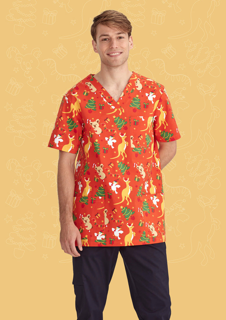 BIZ CARE Mens Christmas V-Neck Short Sleeve Scrub Top CST346MS