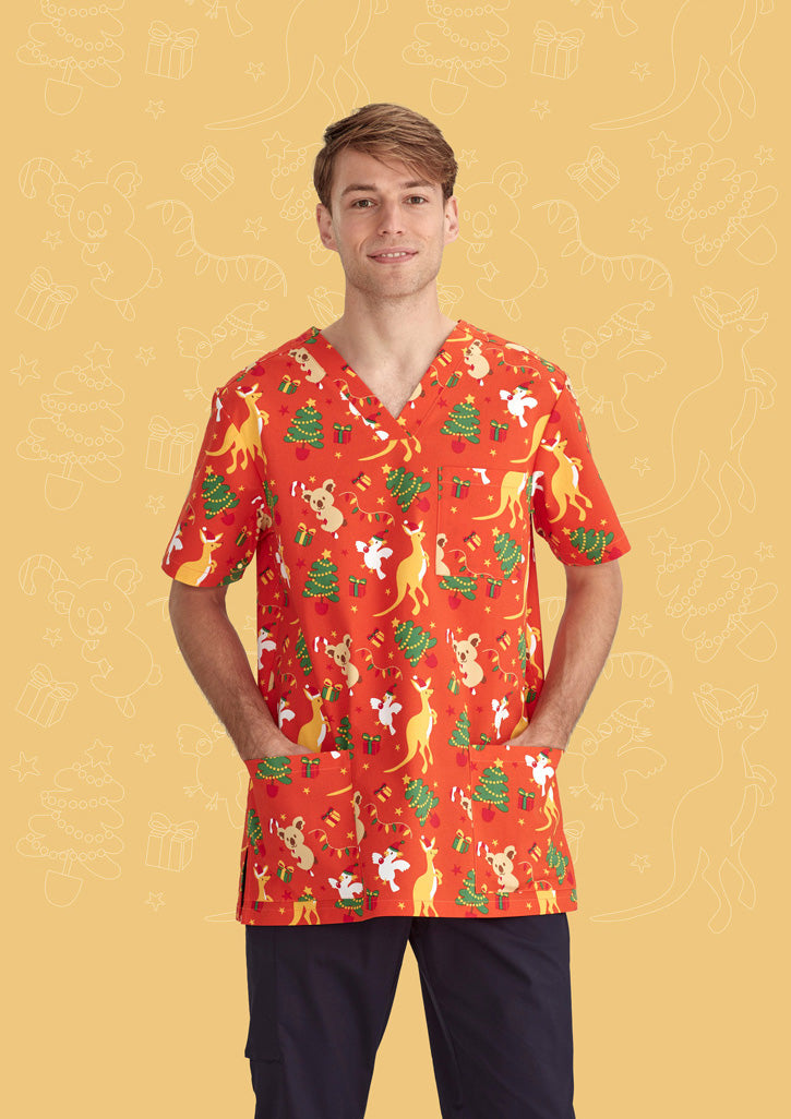 BIZ CARE Mens Christmas V-Neck Short Sleeve Scrub Top CST346MS