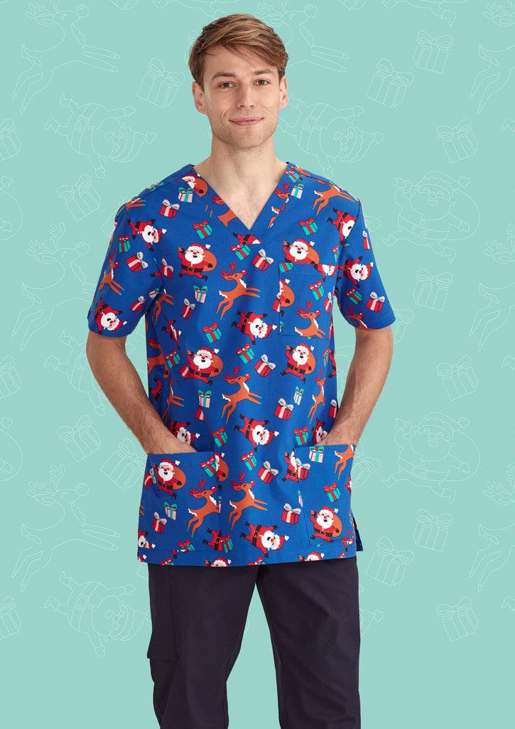 BIZ CARE Mens Christmas V-Neck Short Sleeve Scrub Top CST346MS