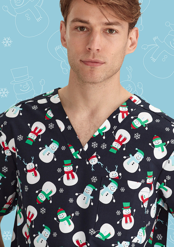 BIZ CARE Mens Christmas V-Neck Short Sleeve Scrub Top CST346MS