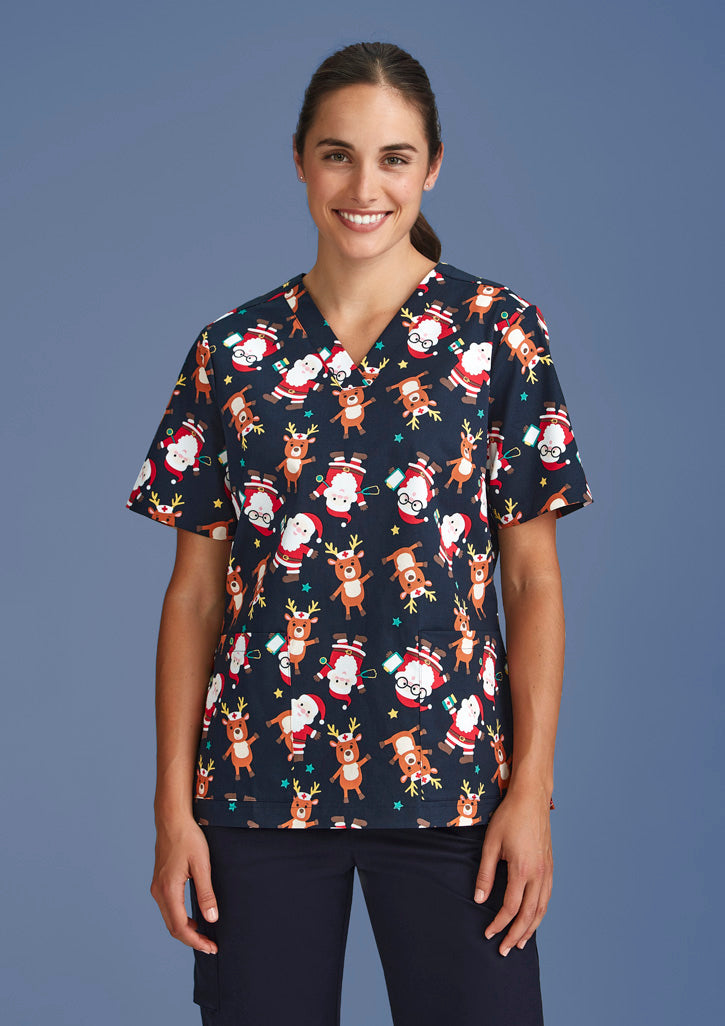 BIZ CARE Womens Christmas Short Sleeve V-neck Scrub (Cotton) CST446LS