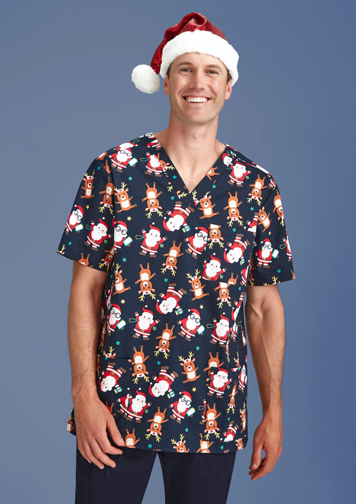 BIZ CARE Mens Christmas Short Sleeve V-neck Scrub CST446MS